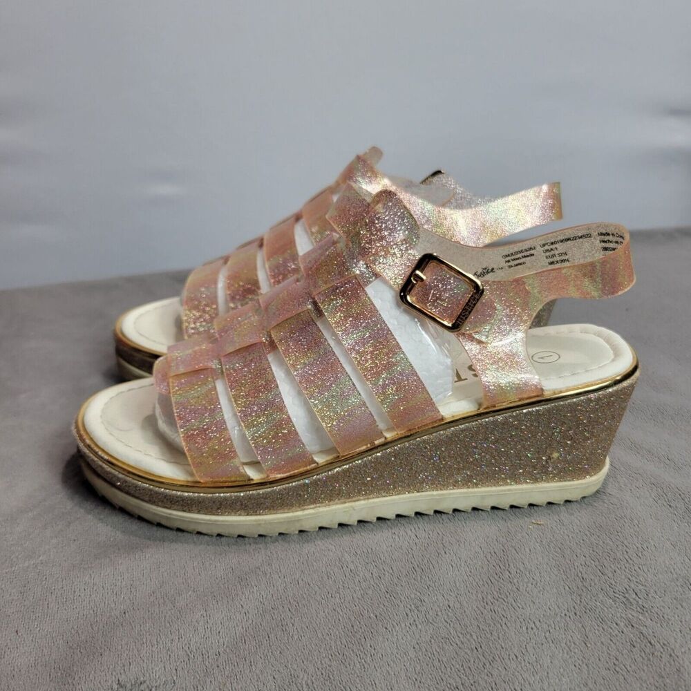 Justice Girls Size 1 Glittery Pink Wedge Sandals With Buckle Strap & Textured So